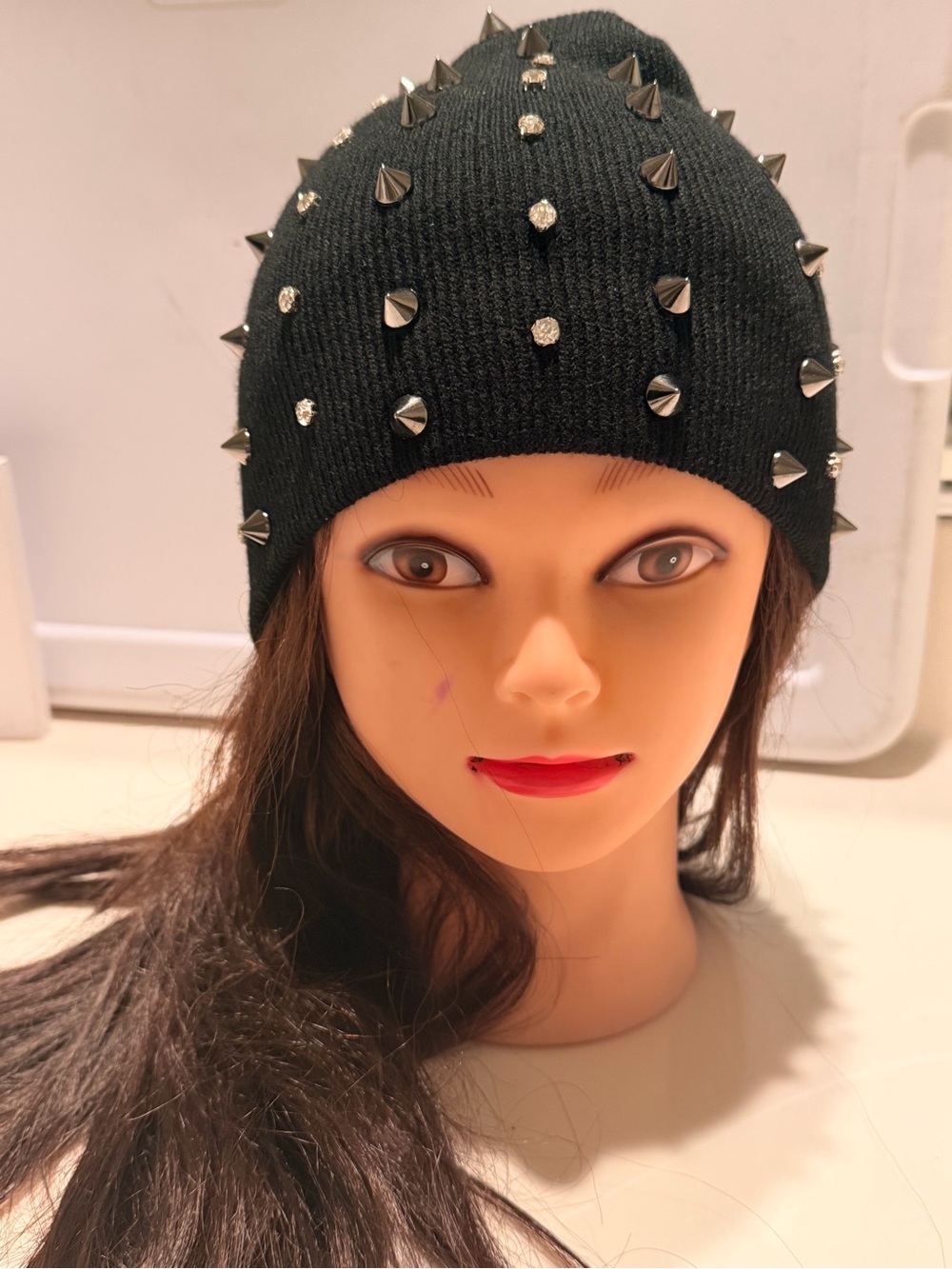 Black Studded Rhinestone Beanie Hat for Women